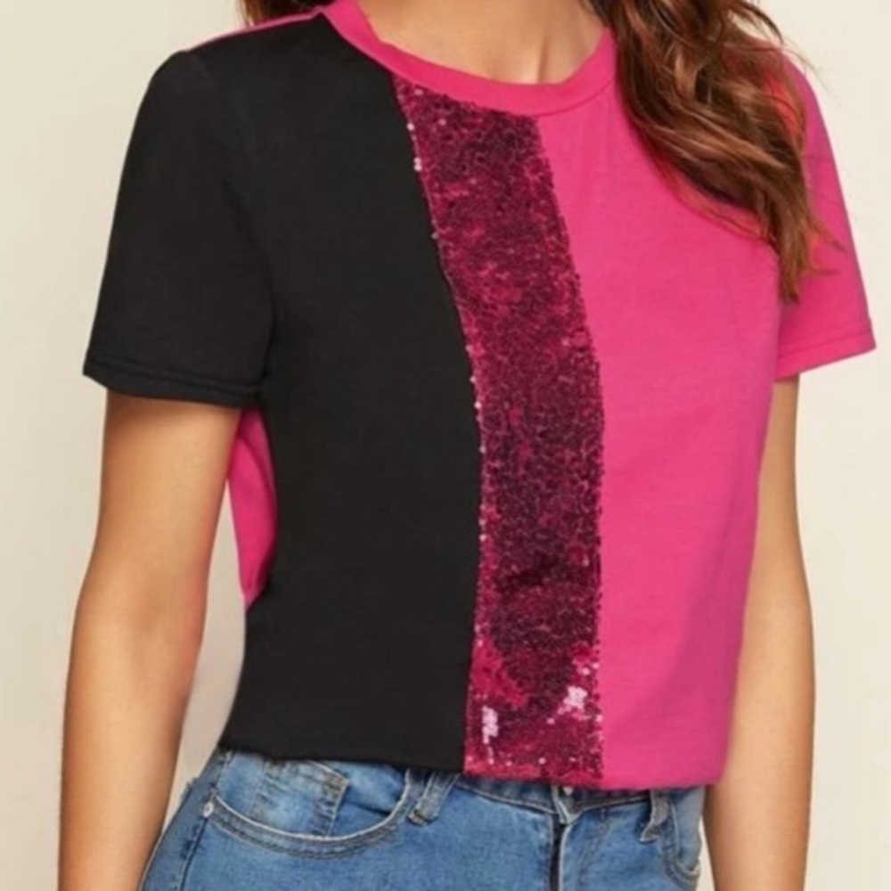 Women’s Sequin Short Sleeved Top Pink & Black Color Sz SM NEW!